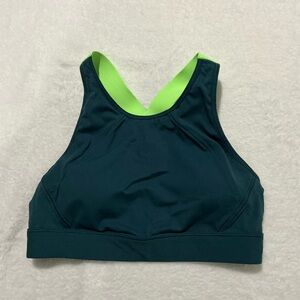 Athleta Dark Teal and Neon Green High Neck Sports Bra